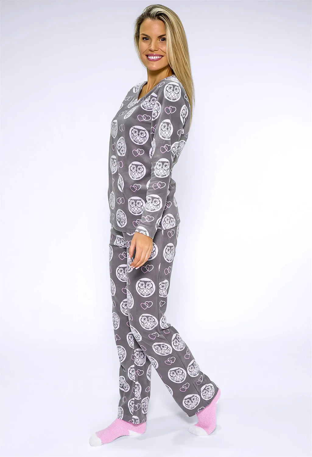 3 piece microfleece owl print pyjama set with plush socks