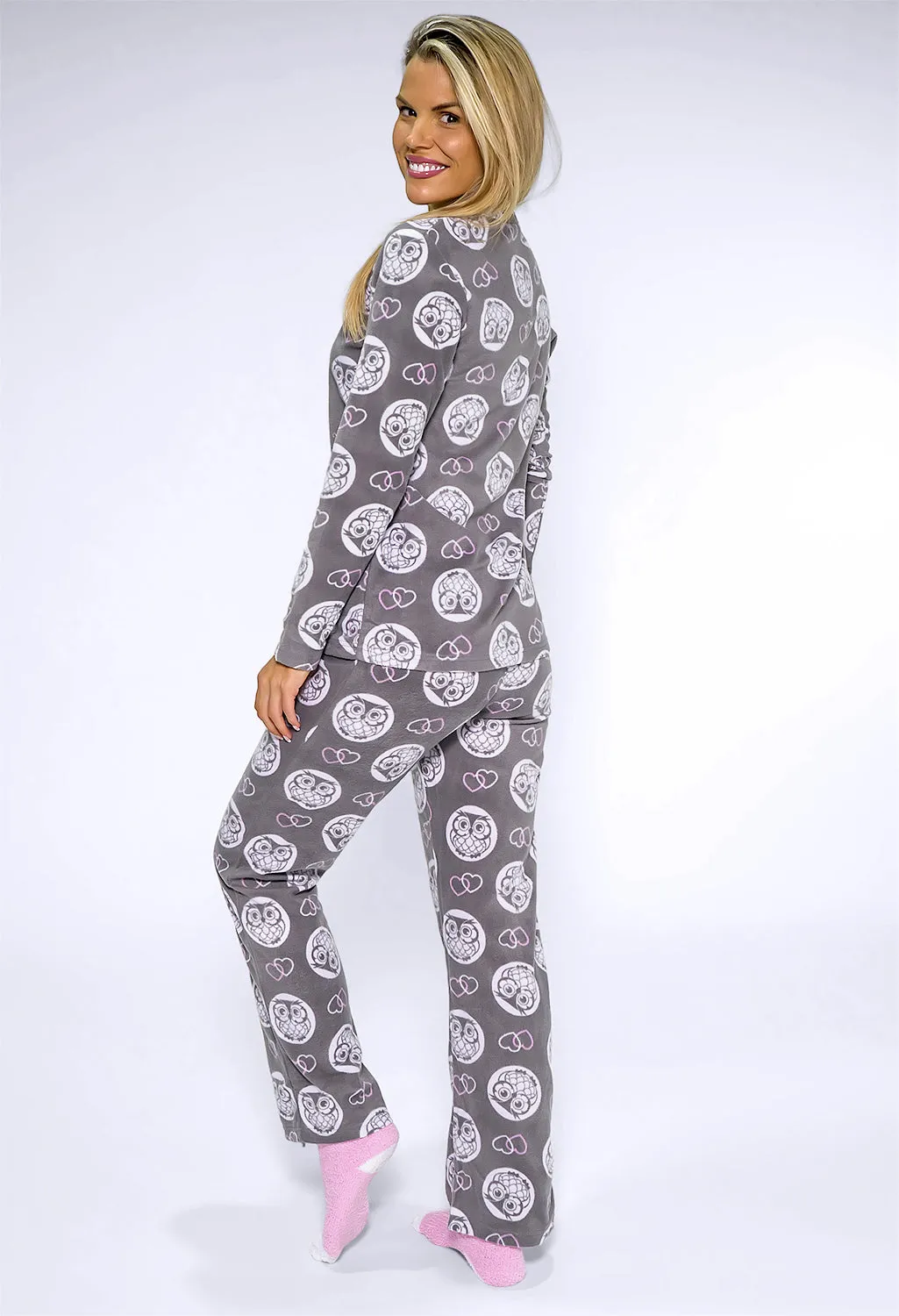 3 piece microfleece owl print pyjama set with plush socks