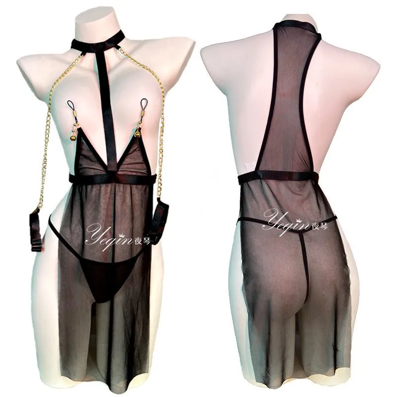 Avani Robe Style Sheer Lingerie Set With Stockings