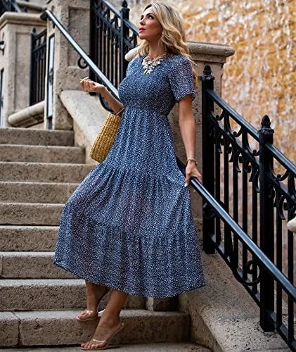 BTFBM Women Casual Short Sleeve Crew Neck Summer Dress Bohemian Floral Printed Flowy Maxi Dresses Tiered Cocktail Dress (Dark Blue, Medium)