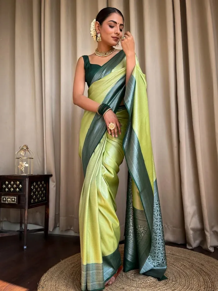 Chatoyant Pista Soft Silk Saree With Pleasurable Blouse Piece