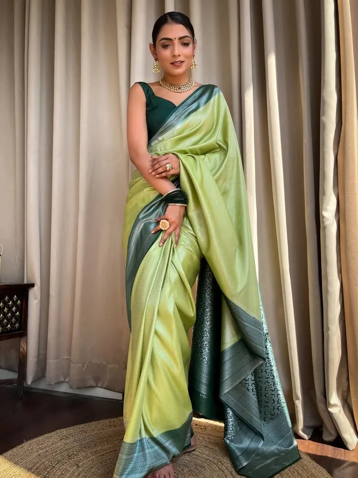 Chatoyant Pista Soft Silk Saree With Pleasurable Blouse Piece