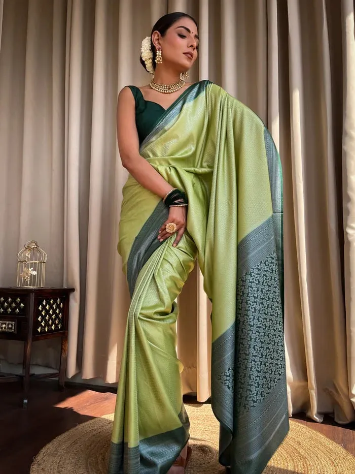 Chatoyant Pista Soft Silk Saree With Pleasurable Blouse Piece