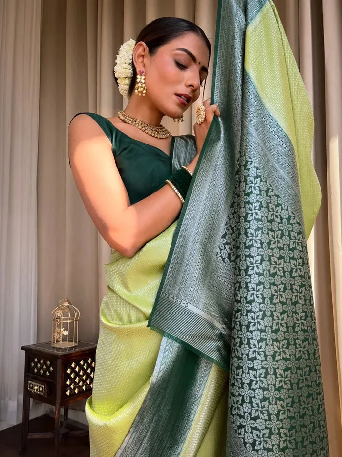 Chatoyant Pista Soft Silk Saree With Pleasurable Blouse Piece