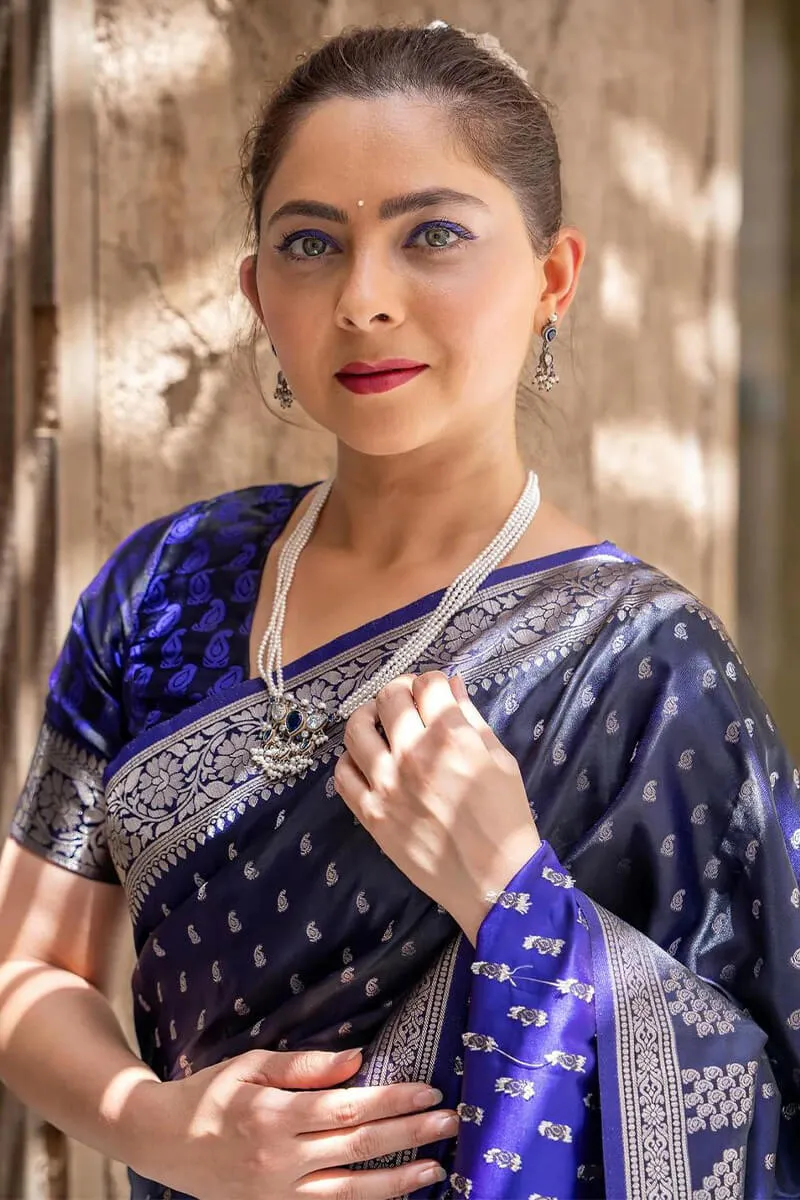 Conflate Navy Blue Soft Silk Saree With Glorious  Blouse Piece