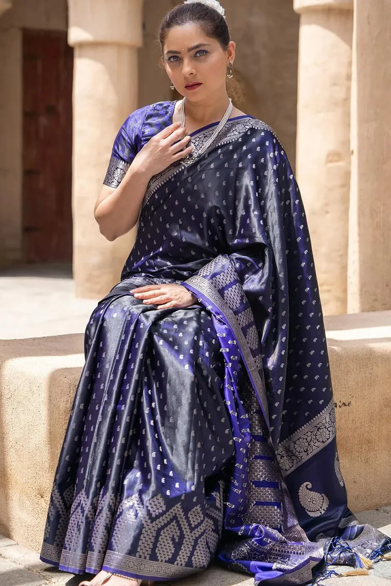 Conflate Navy Blue Soft Silk Saree With Glorious  Blouse Piece