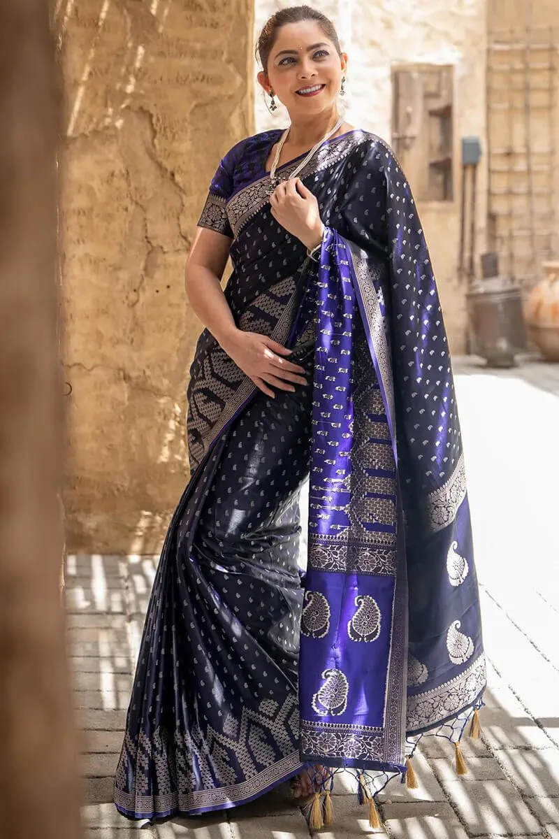 Conflate Navy Blue Soft Silk Saree With Glorious  Blouse Piece