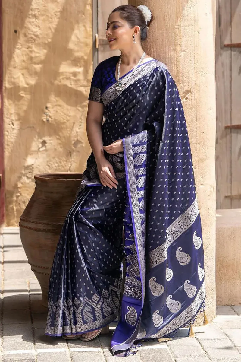 Conflate Navy Blue Soft Silk Saree With Glorious  Blouse Piece