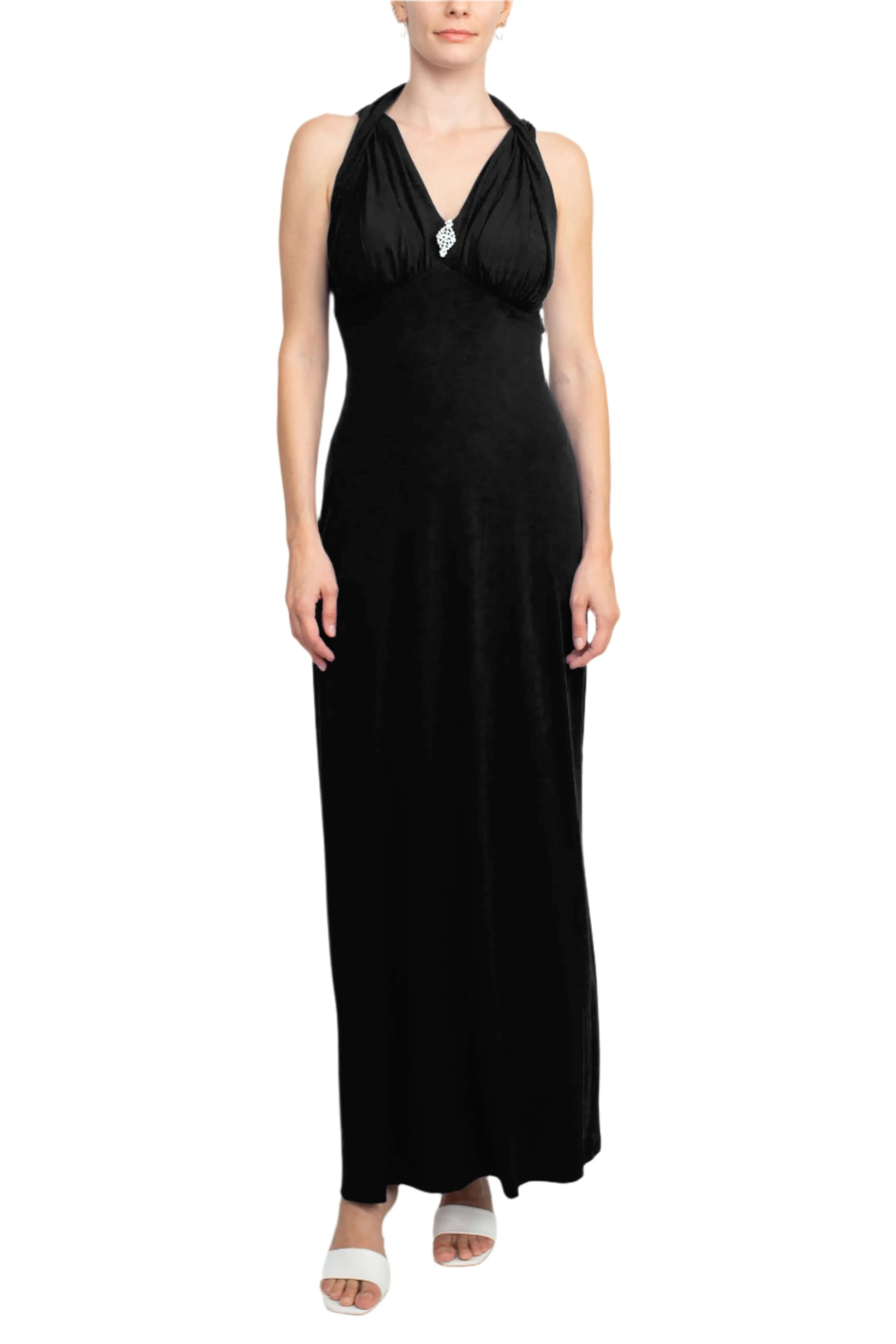 Connected Apparel Crossed Neck Sleeveless Jewelry Front Detail Ruched Empire Waist Solid Jersey Dress