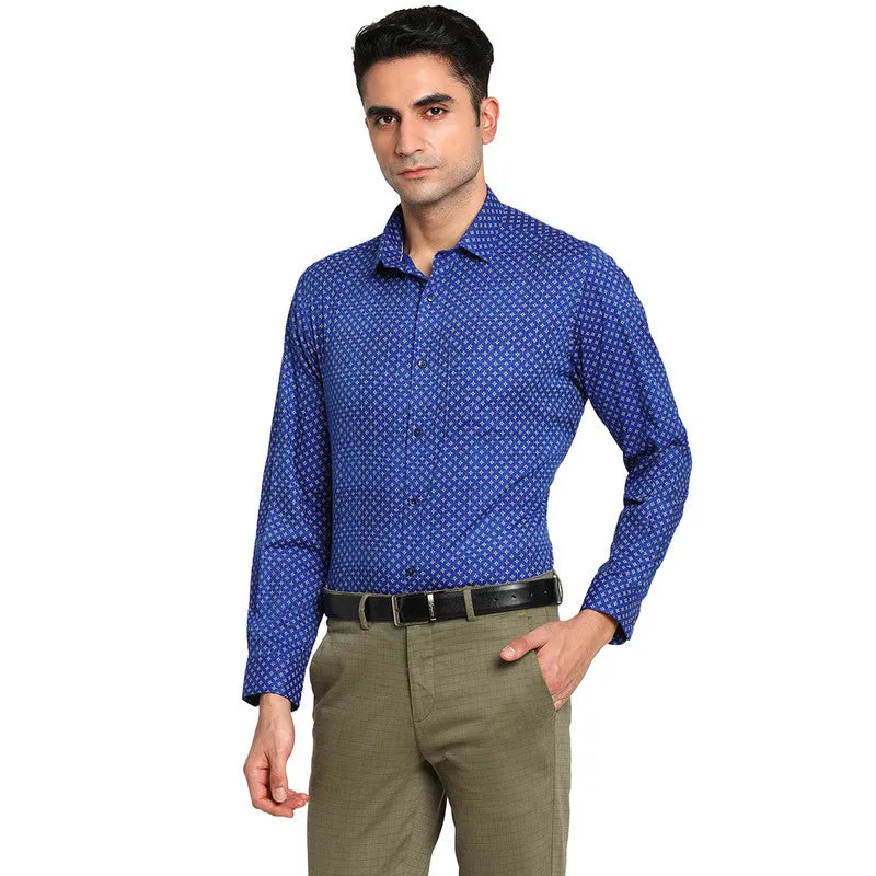 Cotton Blue Regular Fit Printed Formal Shirts