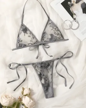 Grey Lingerie Set Sheer Butterfly