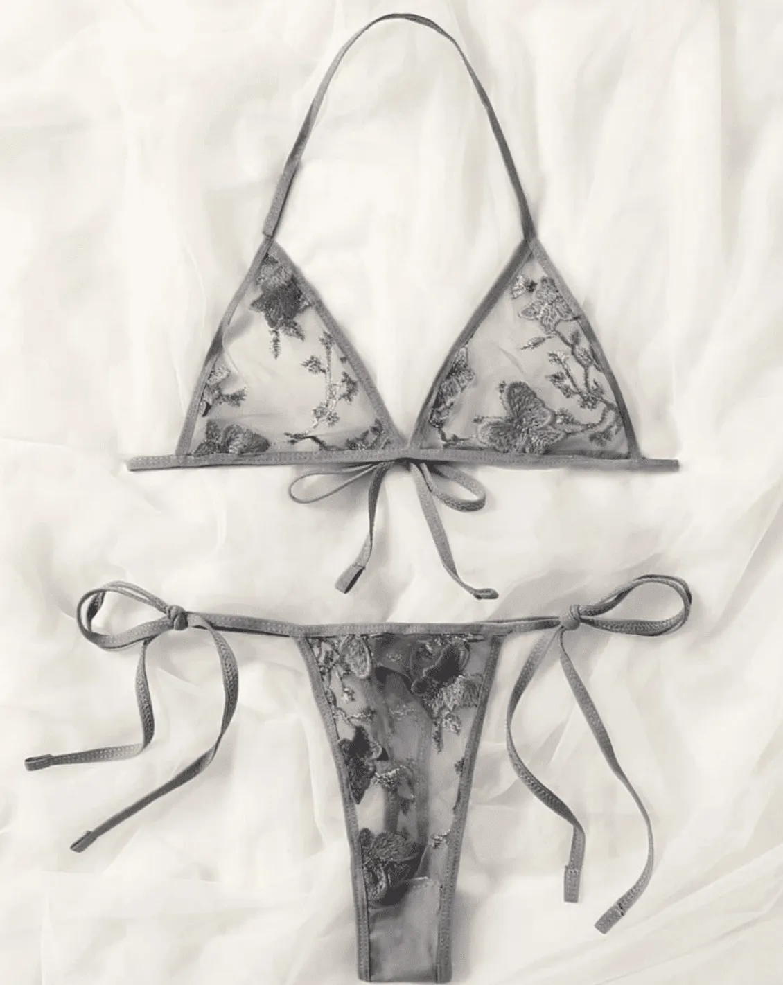 Grey Lingerie Set Sheer Butterfly