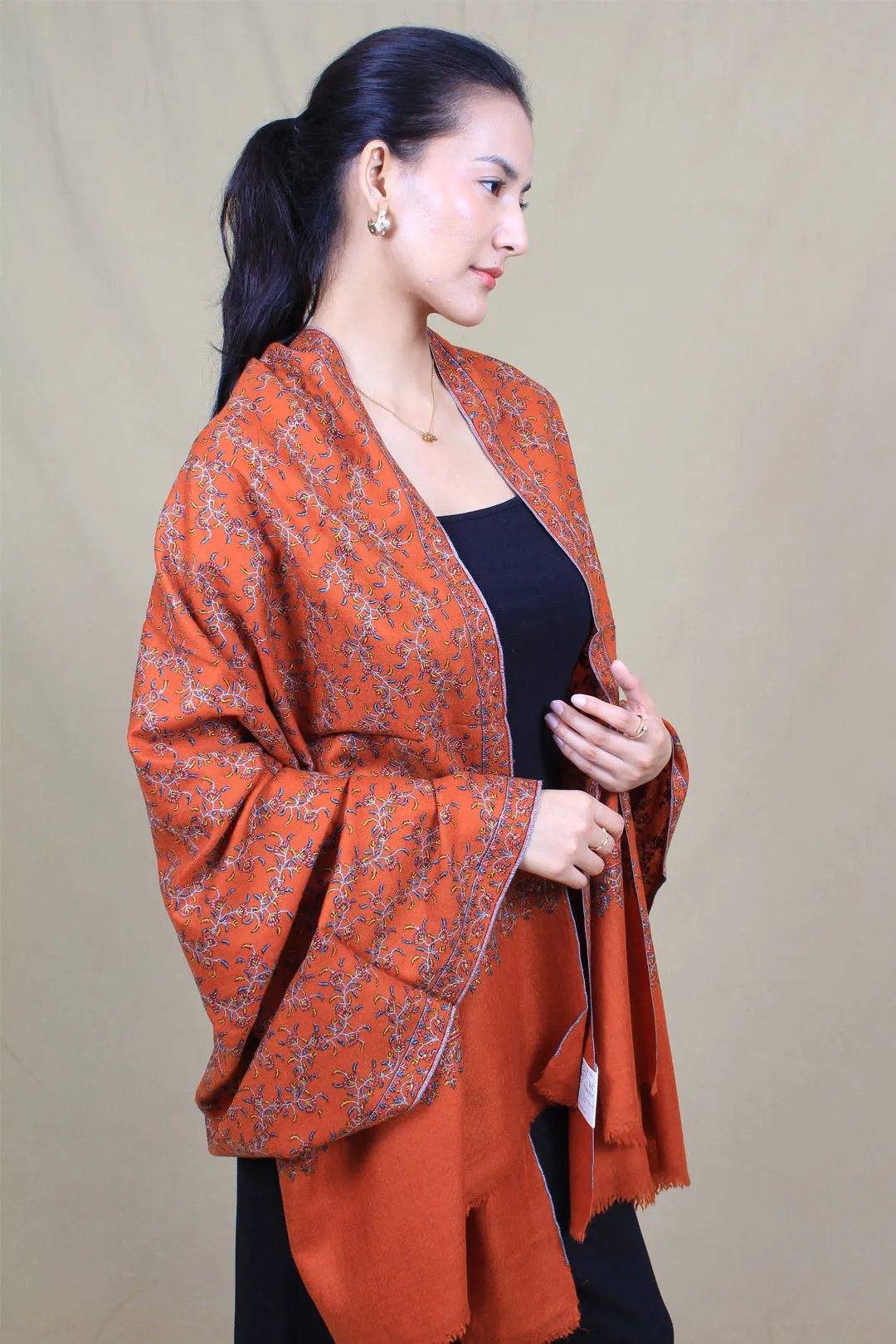 Jannat Rust Sozni Jaali Embroidered Pashmina Shawl