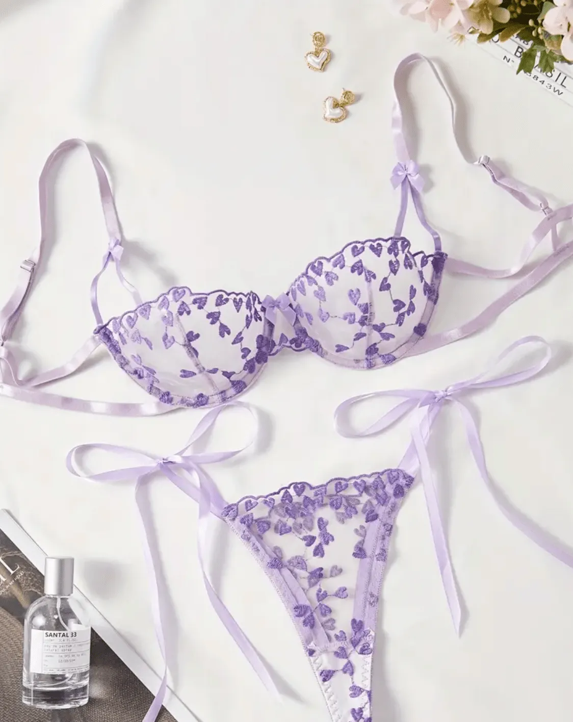 Light Purple Lingerie Set Sheer Heart Embroidery