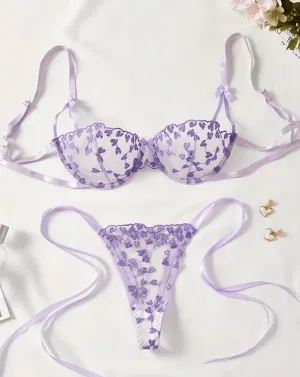 Light Purple Lingerie Set Sheer Heart Embroidery