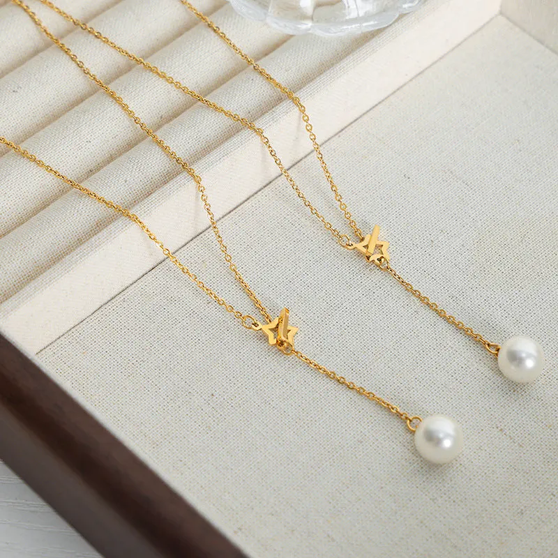 Luxurious High Gloss Shell Bead Pendant with Dainty Gold-Plated Star Necklace for Women