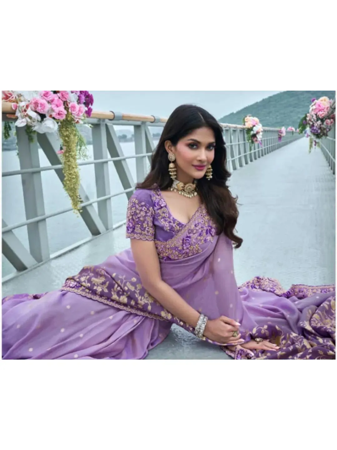 Luxurious Lavender Tissue Silk Heavy Embroidered Saree