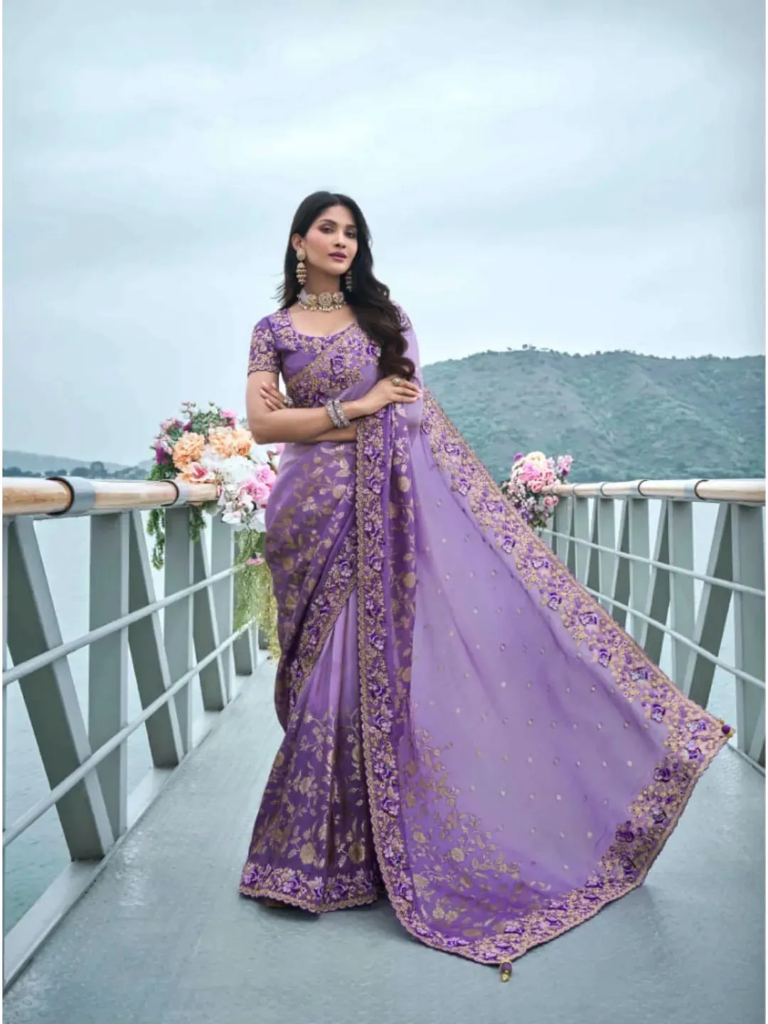 Luxurious Lavender Tissue Silk Heavy Embroidered Saree