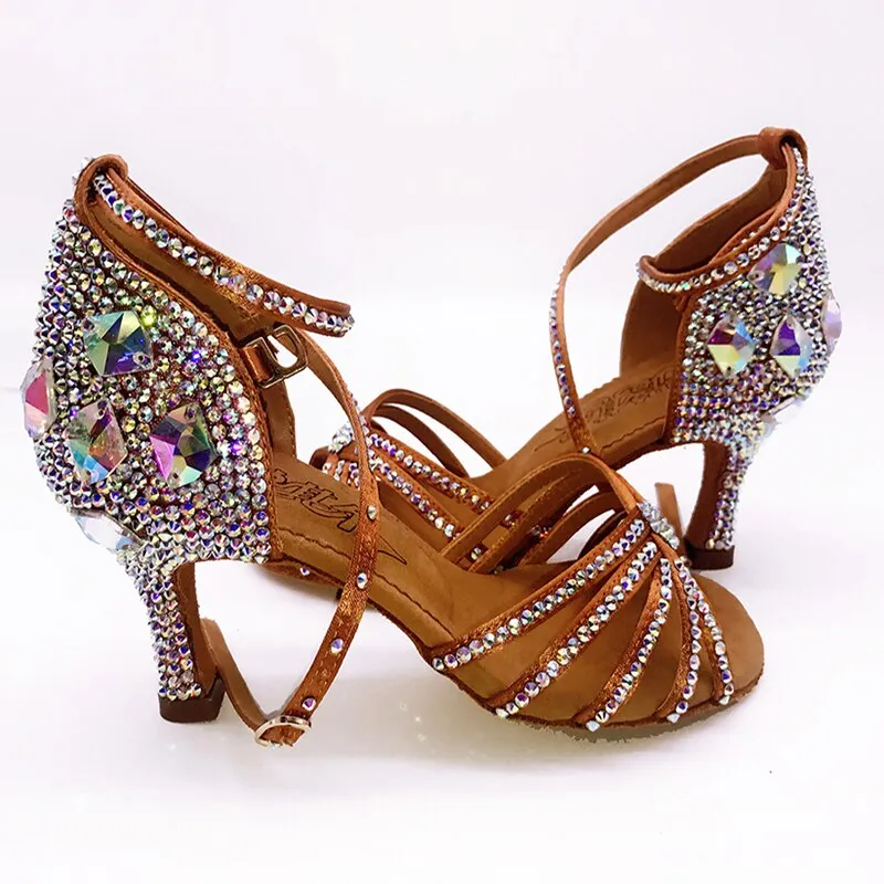 Luxury Elegant Ladies' Soft-soled Latin Shoes With Rhinestone Heels