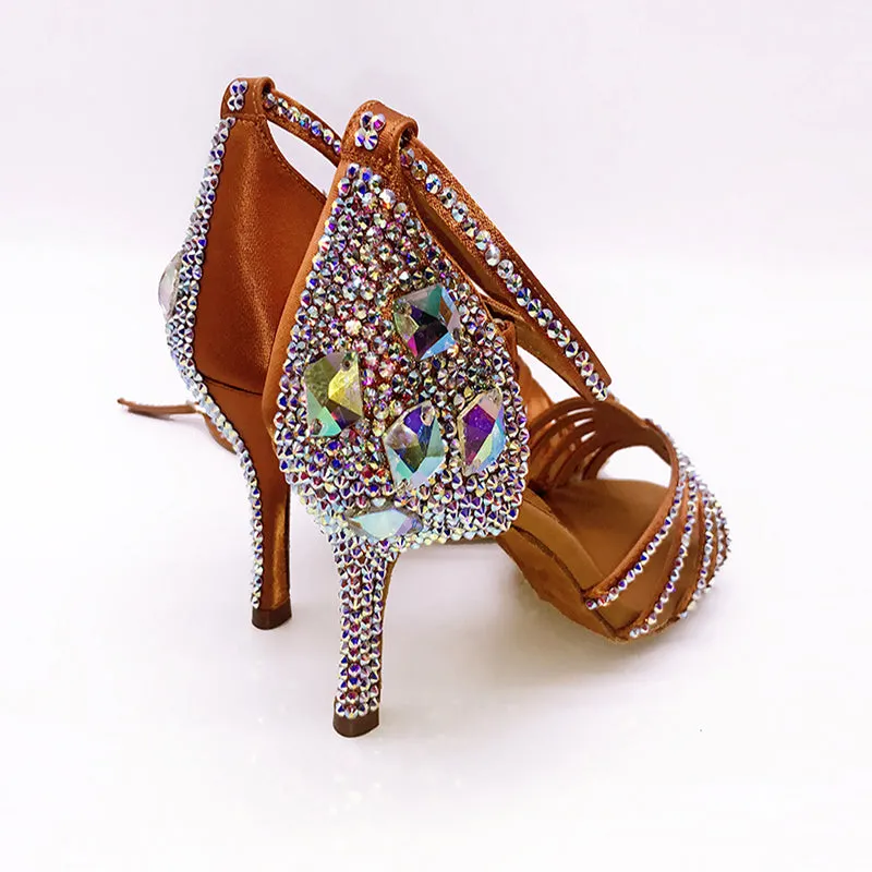 Luxury Elegant Ladies' Soft-soled Latin Shoes With Rhinestone Heels