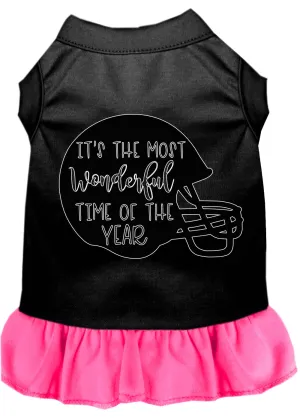 Most Wonderful Time Of The Year (football) Screen Print Dog Dress Black With Bright Pink Lg