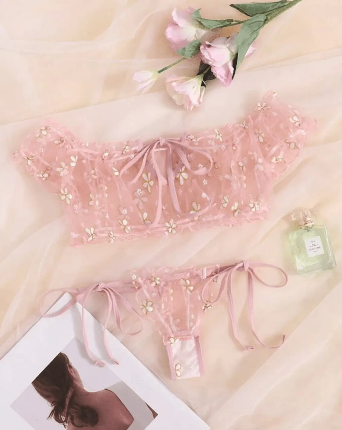 Pink Lingerie Daisy Ruffle Set