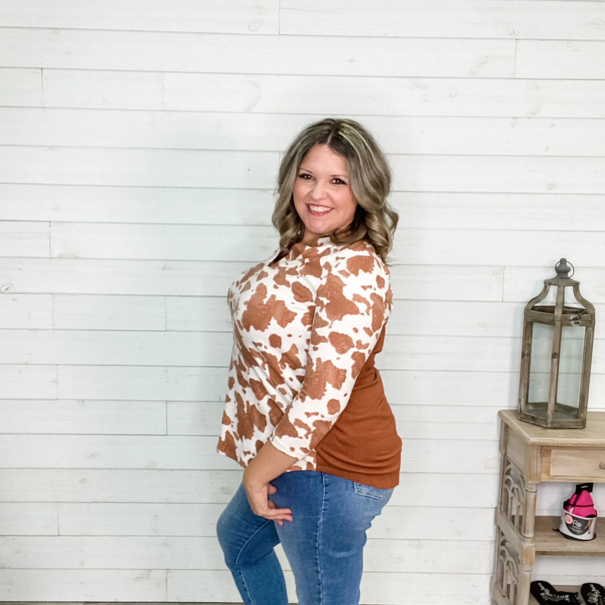 "Aggie" Animal Print Lizzy 3/4 Sleeve Split Neck