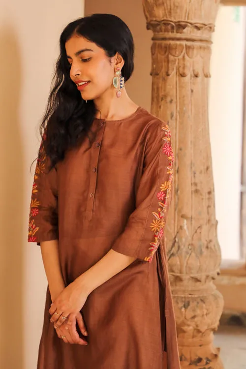 Rangsutra Juhi Brown Kurta With Crewel Embroidered Sleeves