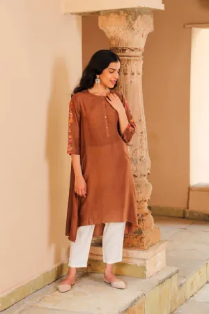 Rangsutra Juhi Brown Kurta With Crewel Embroidered Sleeves