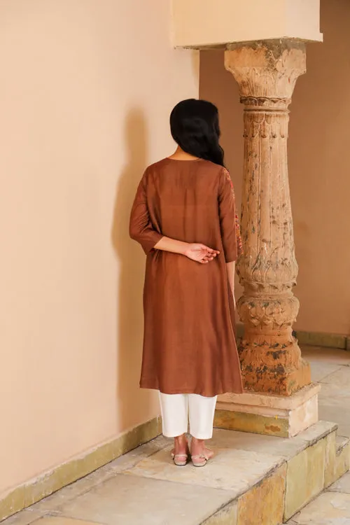 Rangsutra Juhi Brown Kurta With Crewel Embroidered Sleeves