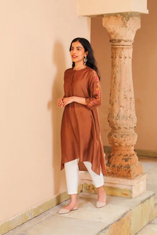 Rangsutra Juhi Brown Kurta With Crewel Embroidered Sleeves