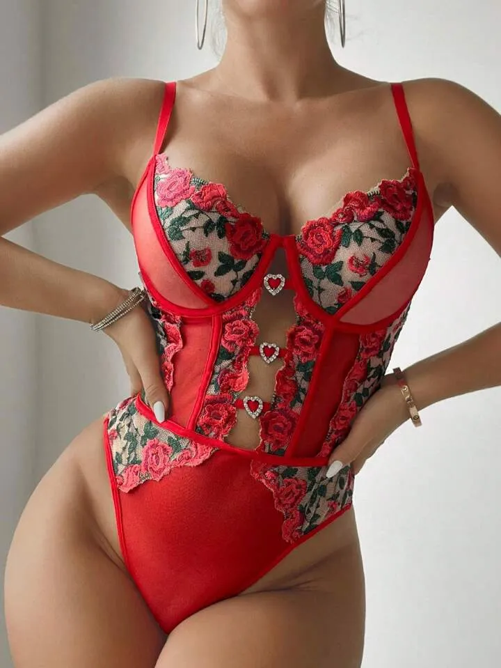 Red Lace Bodysuit Lingerie Rose Embroidered