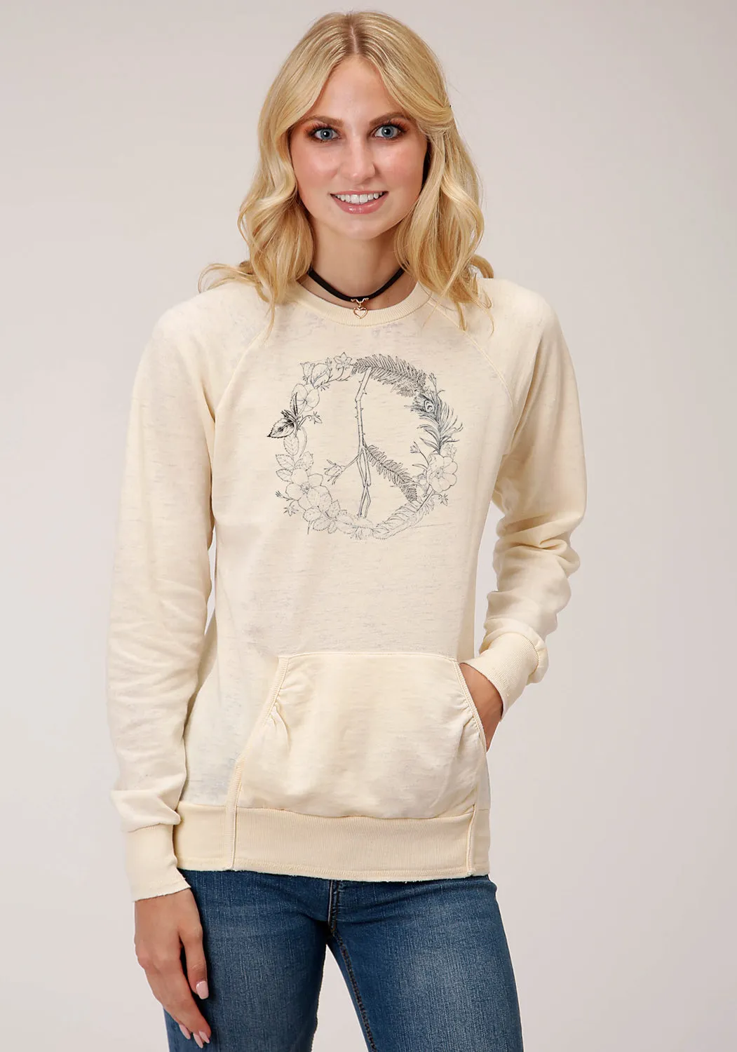 Roper Womens Cream Cotton Blend Peace Sign Wreath Sweatshirt