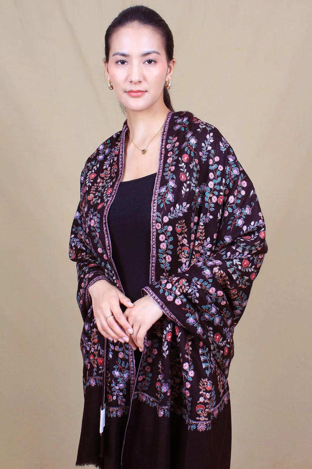 Shehjaar Mahogany Neem Jama Sozni Embroidered Pashmina Shawl