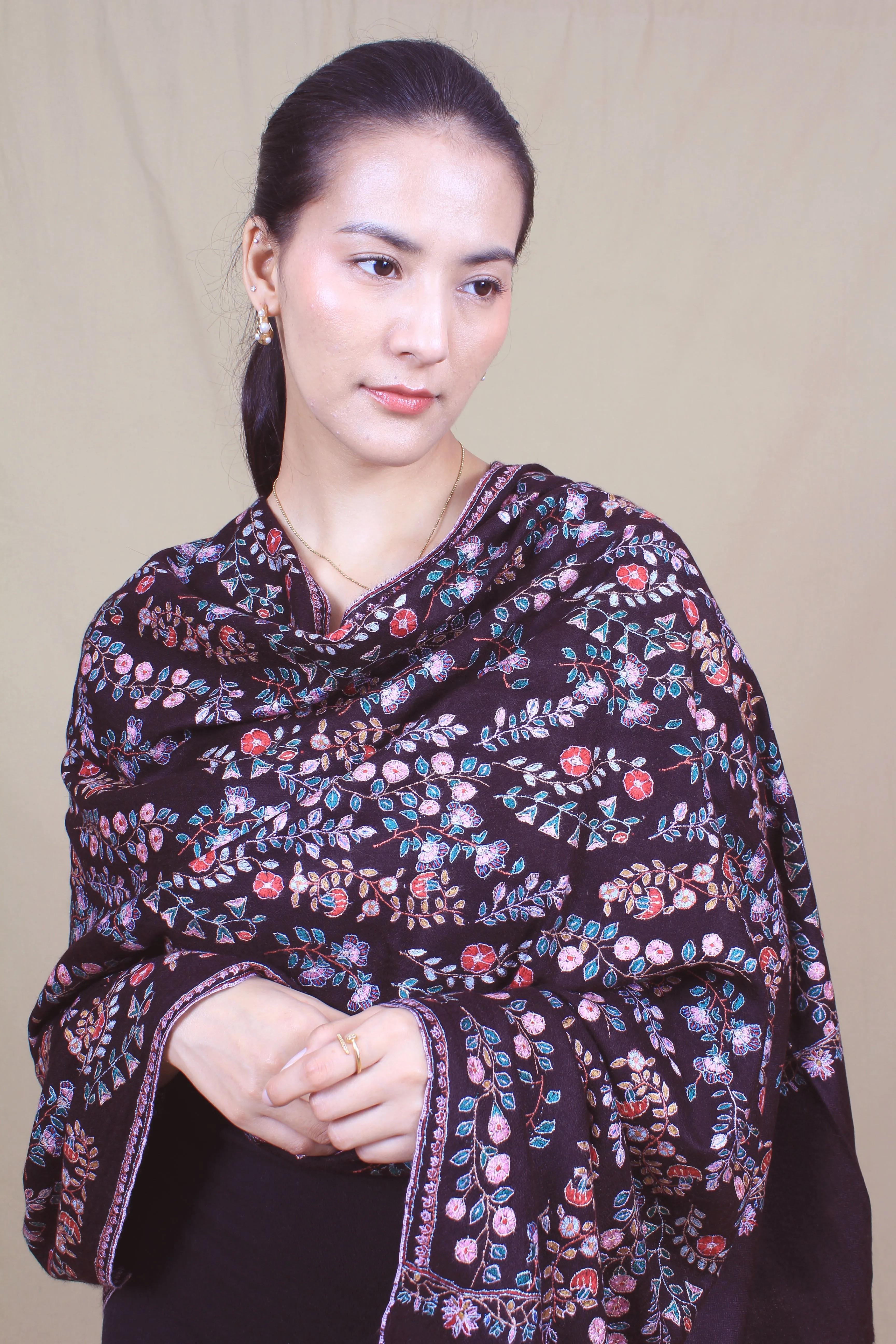 Shehjaar Mahogany Neem Jama Sozni Embroidered Pashmina Shawl