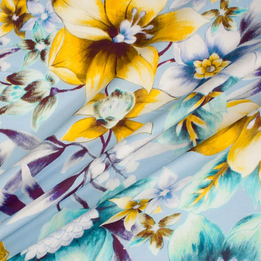 Soft Blue & Yellow Floral Printed Luxury Cotton