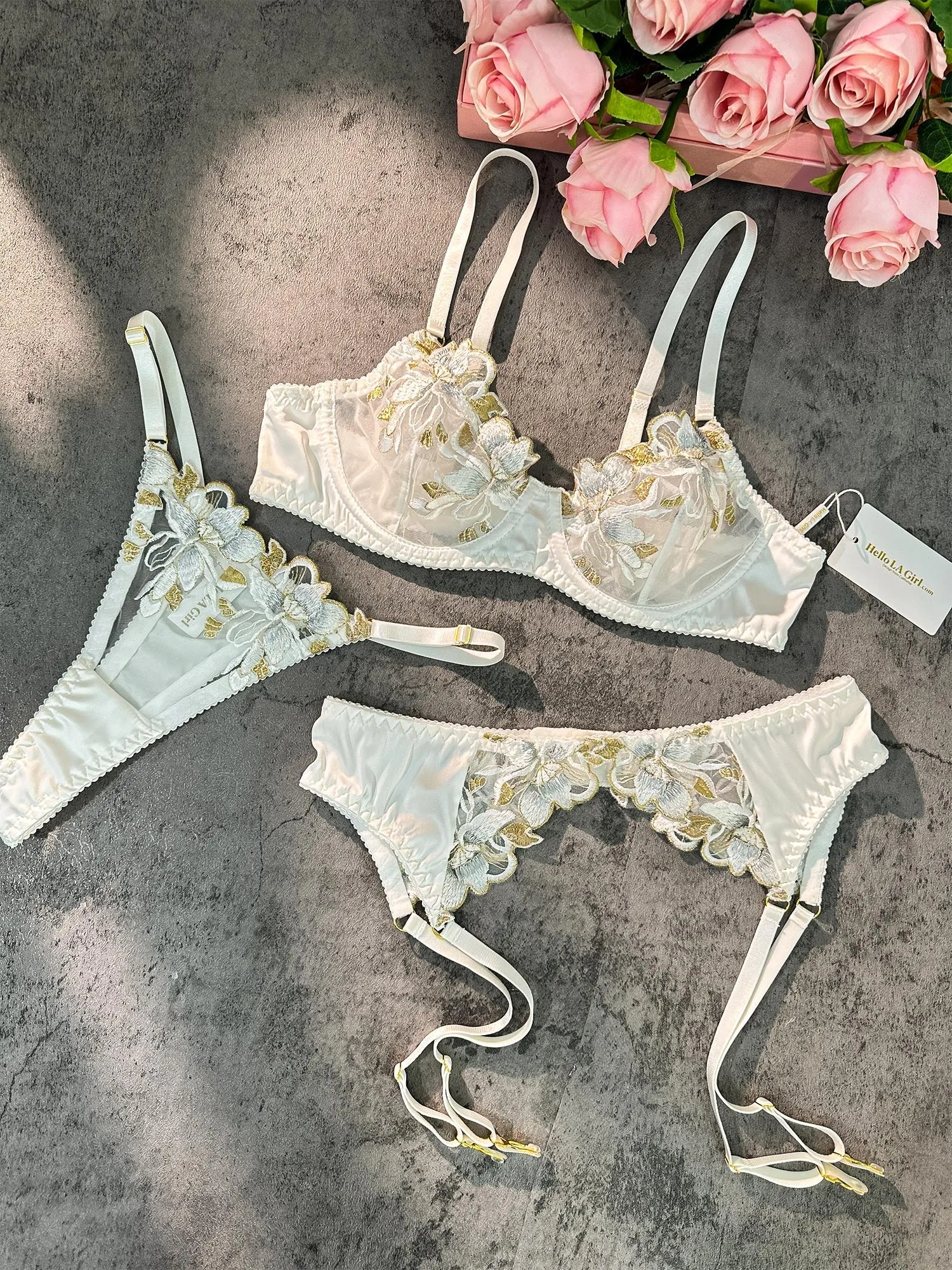 White &Gold Thread Embroidered Lingerie Set