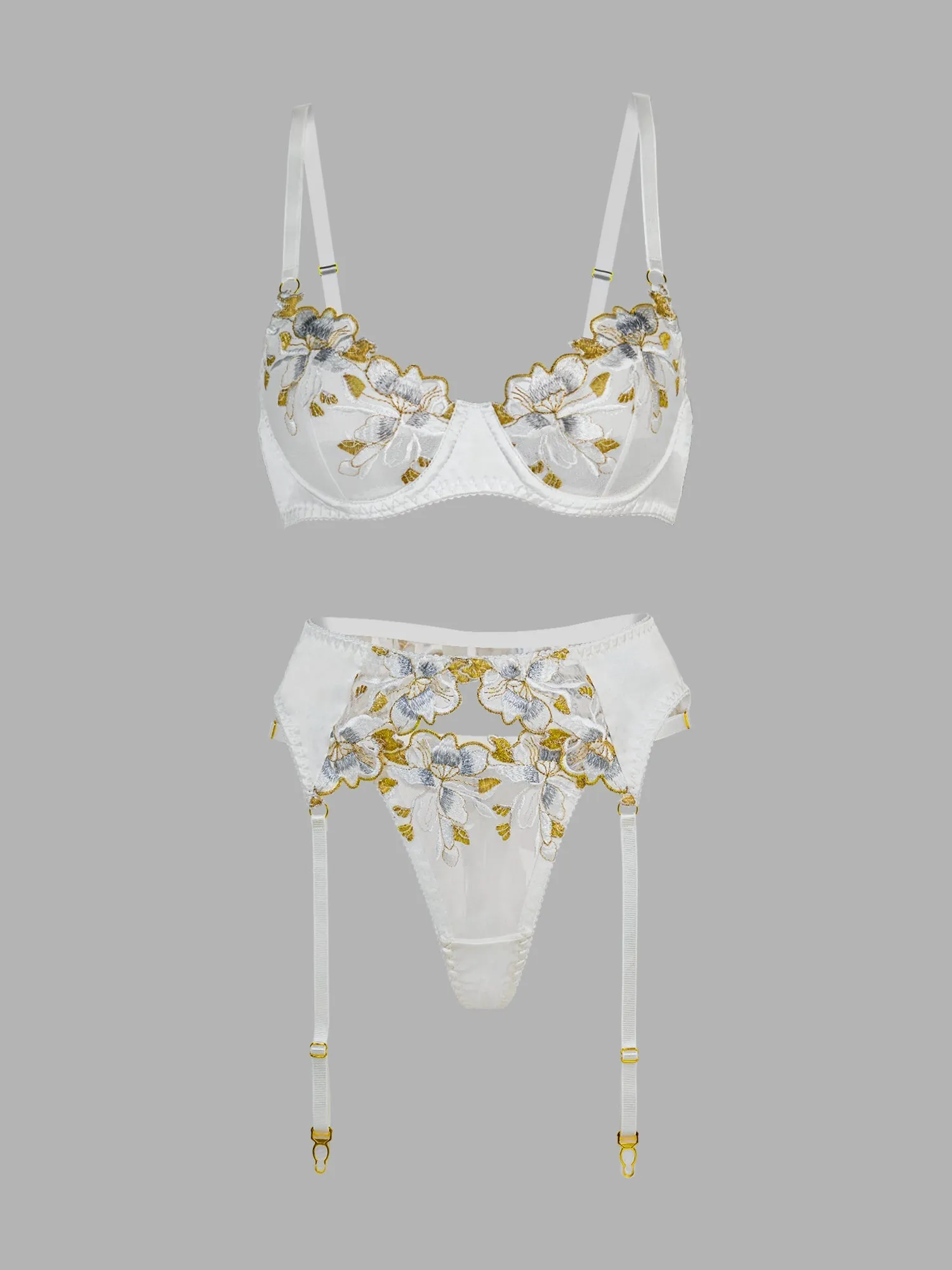 White &Gold Thread Embroidered Lingerie Set