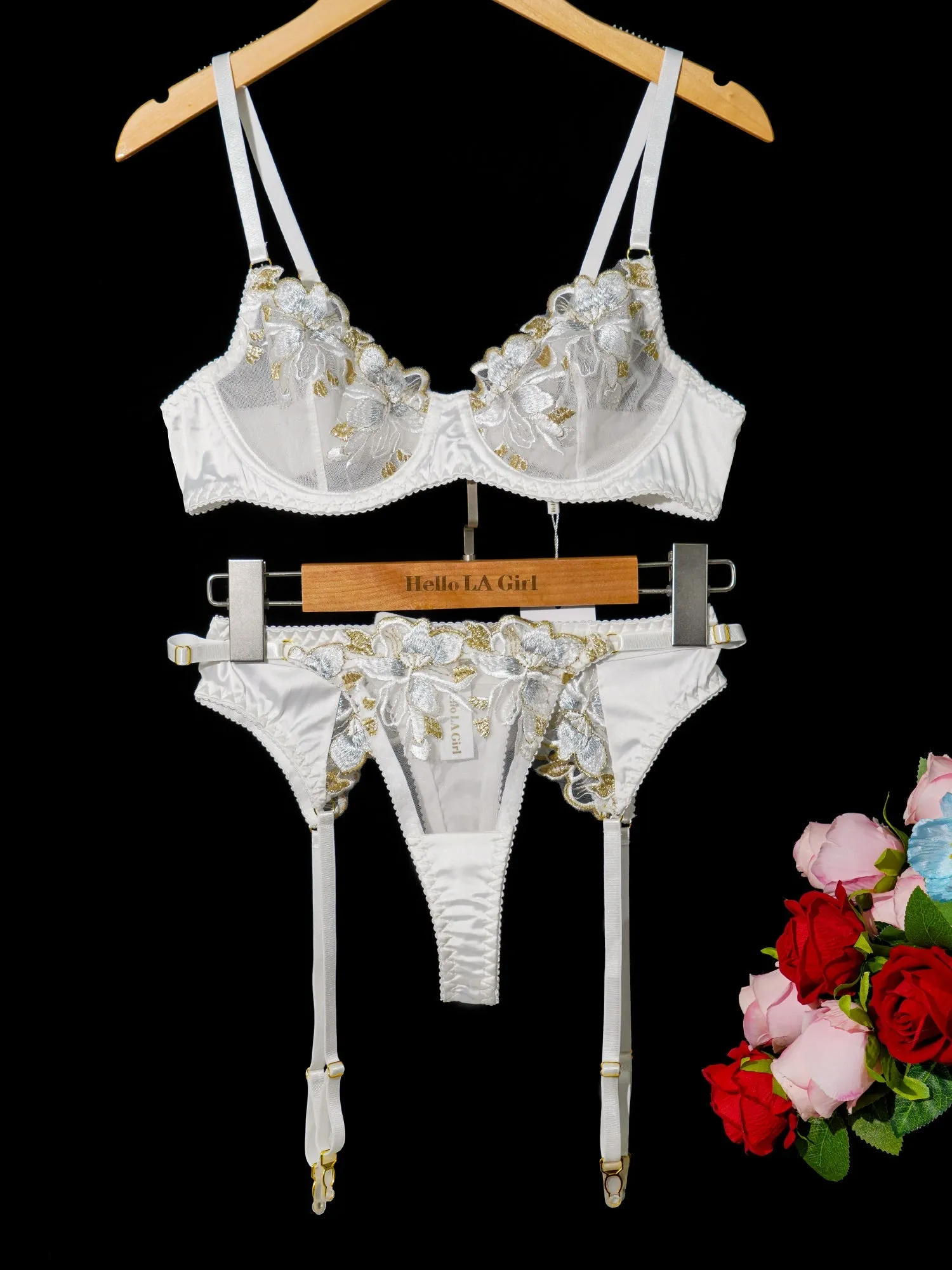 White &Gold Thread Embroidered Lingerie Set