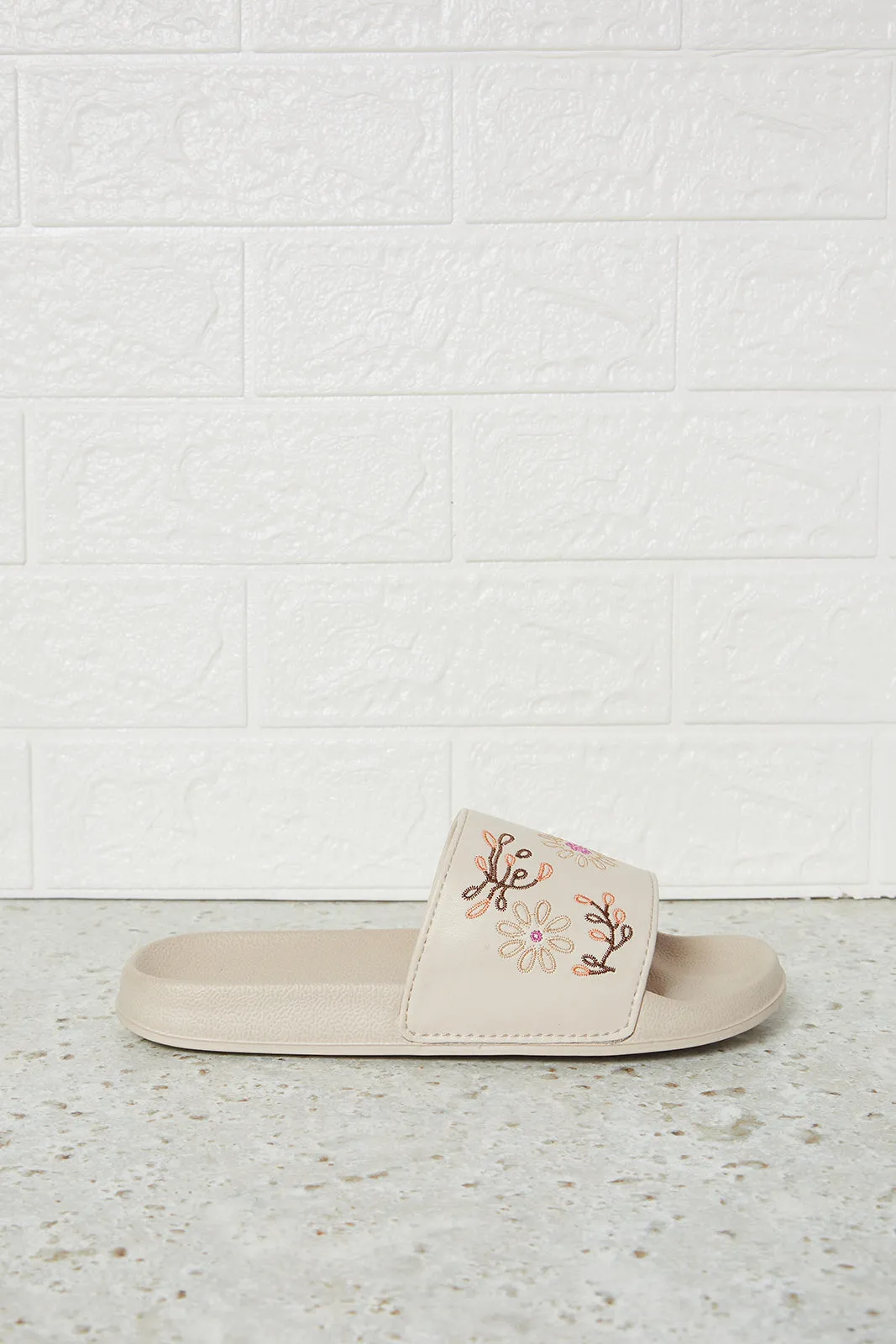 Women Beige Embroidered Slide