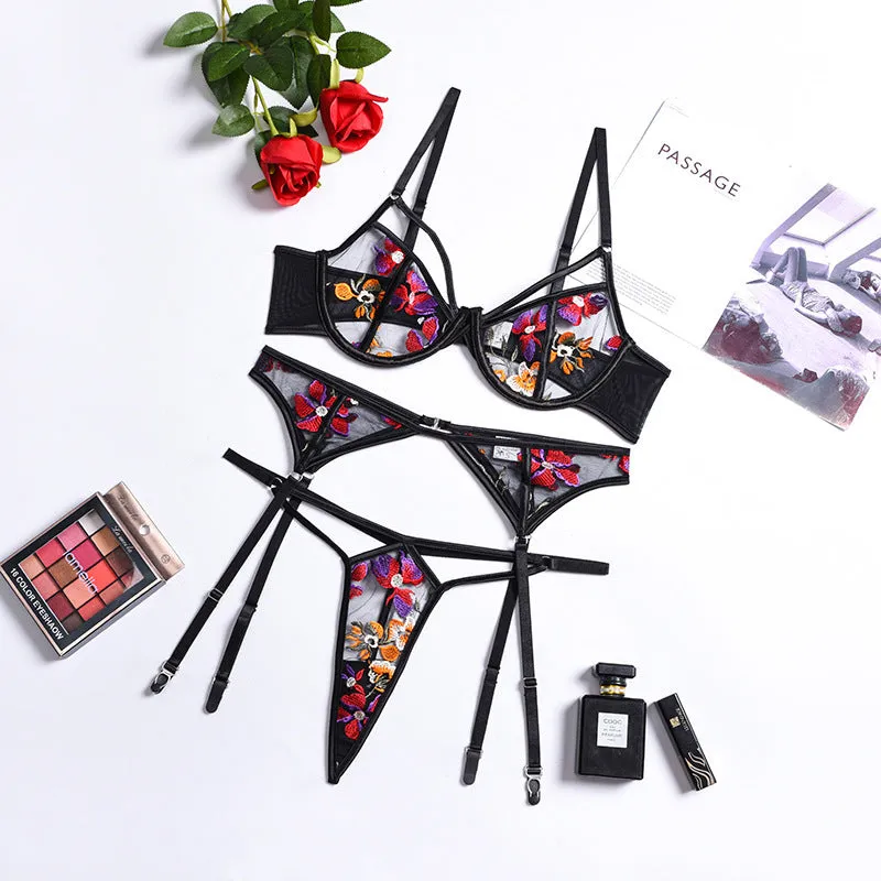 Women's Classic Embroidery Lace Mesh Underwear 3pcs Lingerie Set