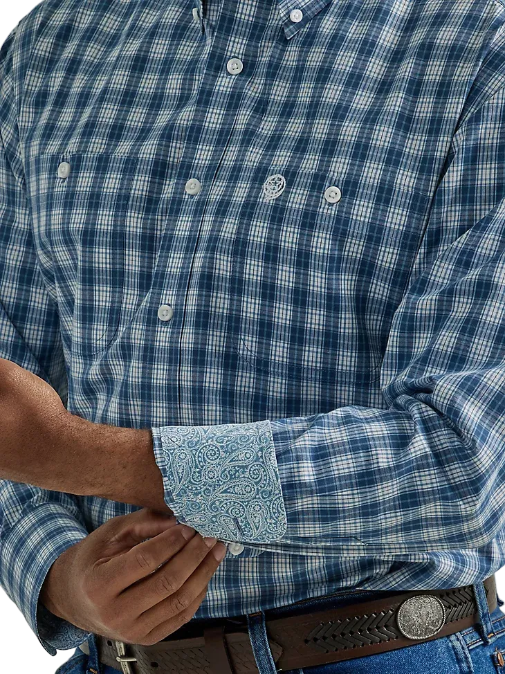 Wrangler Men's Steel Blue Madras George Strait Shirt - Big